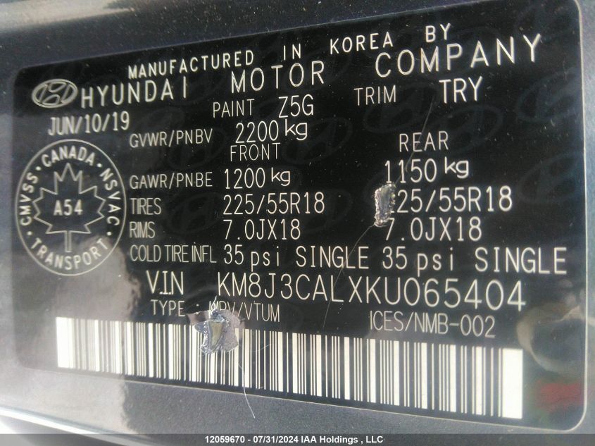 2019 Hyundai Tucson Limited/Sel/Sport/Ultimate/Value/Night VIN: KM8J3CALXKU065404 Lot: 12059670