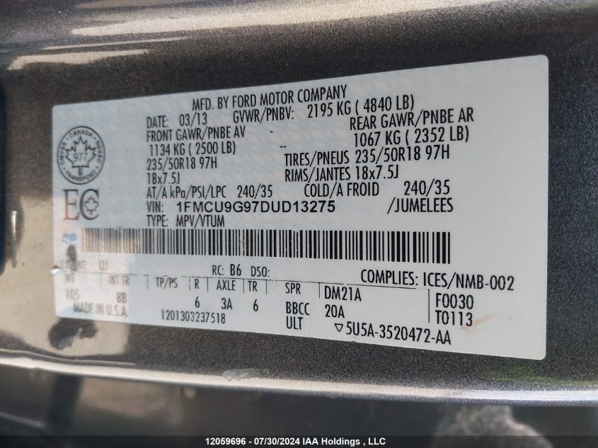 2013 Ford Escape Se VIN: 1FMCU9G97DUD13275 Lot: 12059696