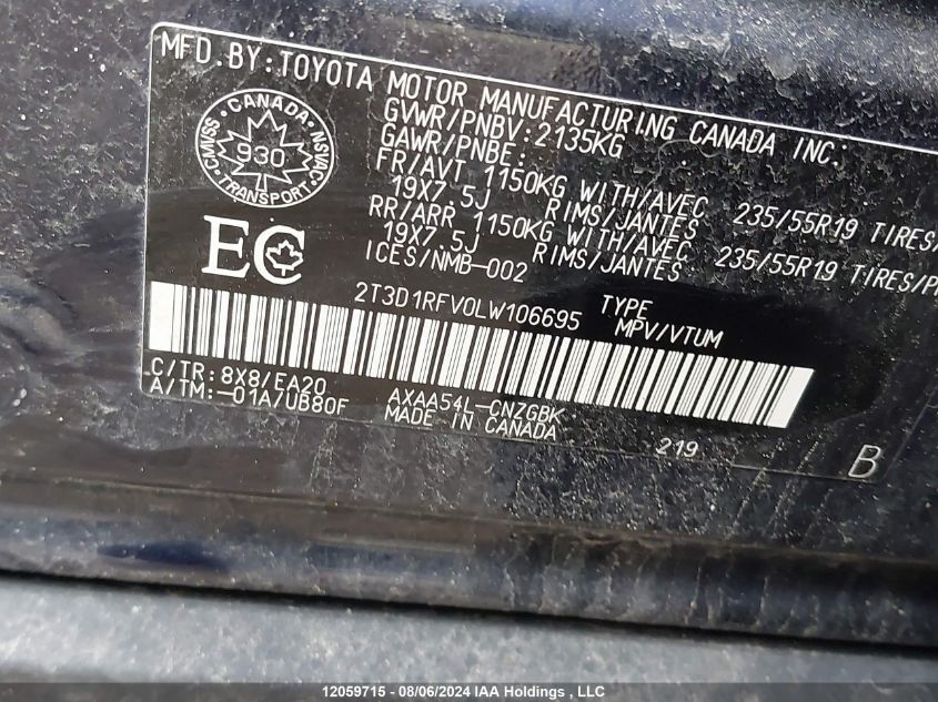 2020 Toyota Rav4 Limited VIN: 2T3D1RFV0LW106695 Lot: 12059715