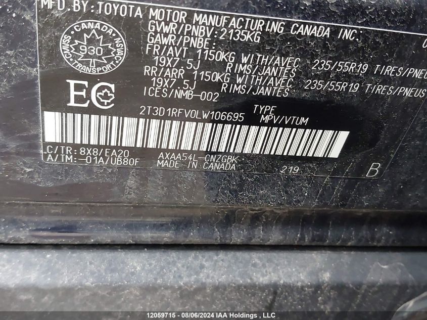 2020 Toyota Rav4 Limited VIN: 2T3D1RFV0LW106695 Lot: 12059715