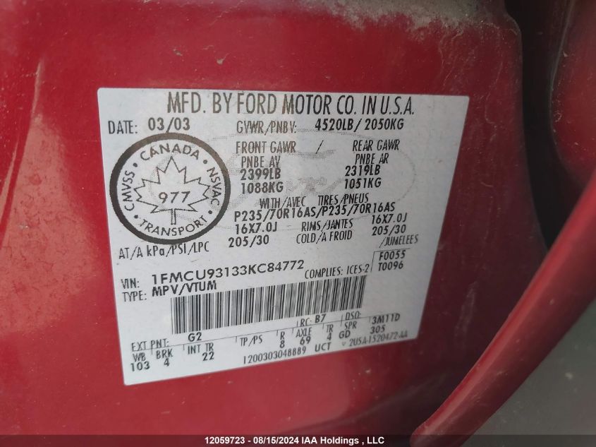 2003 Ford Escape Xlt VIN: 1FMCU93133KC84772 Lot: 12059723