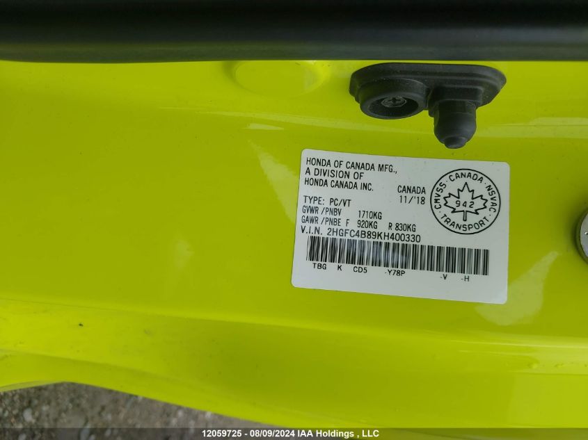 2019 Honda Civic Sport VIN: 2HGFC4B89KH400330 Lot: 12059725