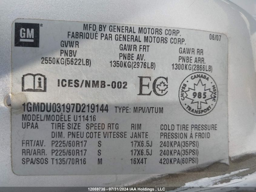 2007 Pontiac Montana Sv6 VIN: 1GMDU03197D219144 Lot: 12059735