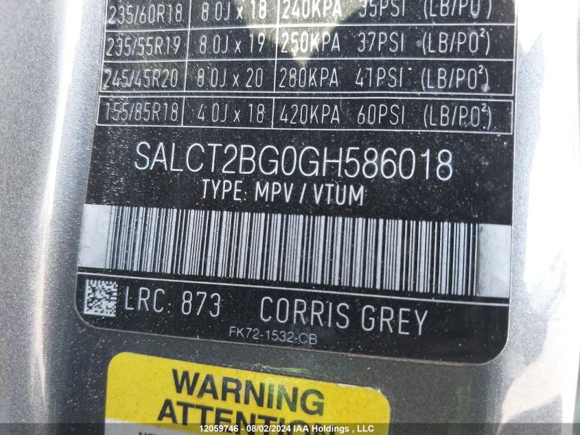 2016 Land Rover Discovery Sport VIN: SALCT2BG0GH586018 Lot: 12059746