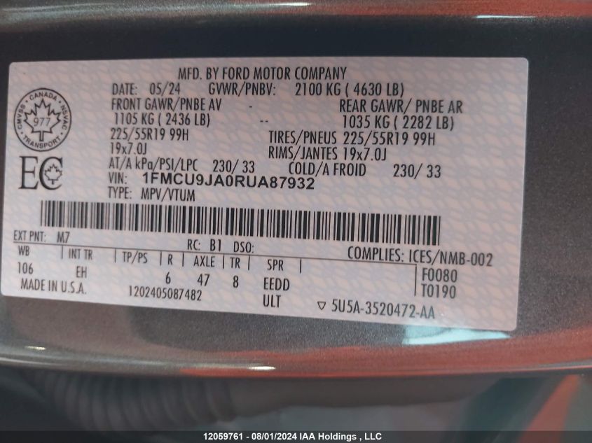 2024 Ford Escape Platinum VIN: 1FMCU9JA0RUA87932 Lot: 12059761