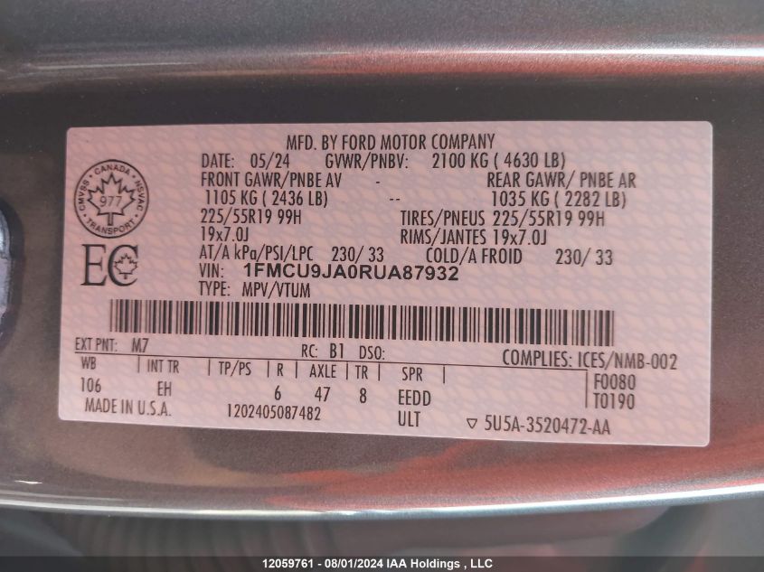 2024 Ford Escape Platinum VIN: 1FMCU9JA0RUA87932 Lot: 12059761