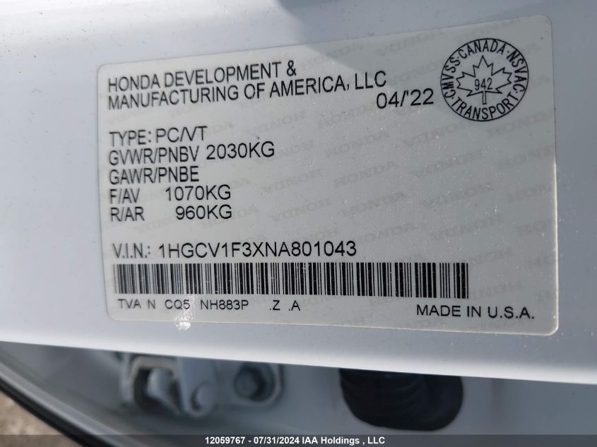 2022 Honda Accord VIN: 1HGCV1F3XNA801043 Lot: 12059767