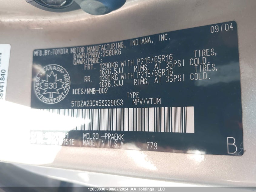 2005 Toyota Sienna Ce/Le VIN: 5TDZA23CX5S229053 Lot: 12059830