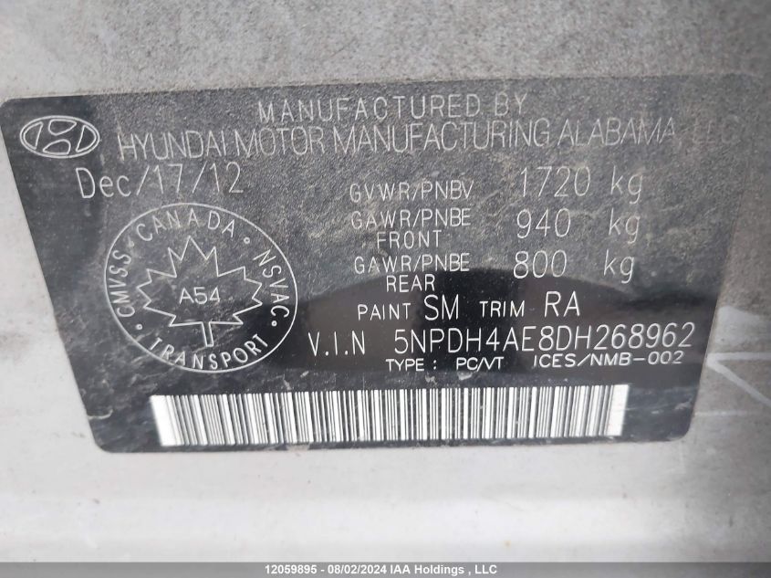 2013 Hyundai Elantra Gls/Limited VIN: 5NPDH4AE8DH268962 Lot: 12059895