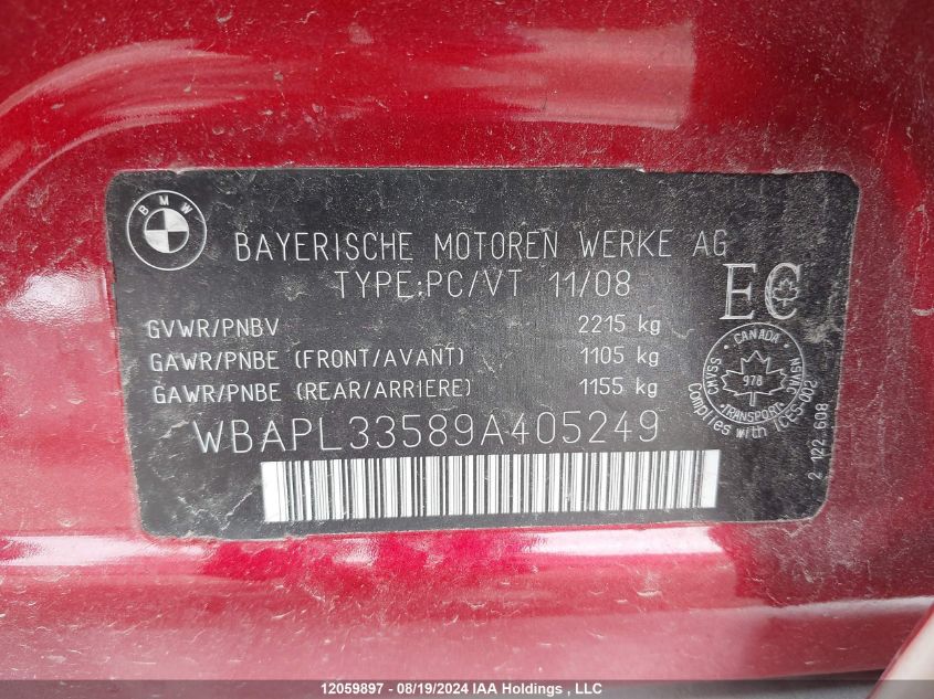 2009 BMW 335 Xi VIN: WBAPL33589A405249 Lot: 12059897