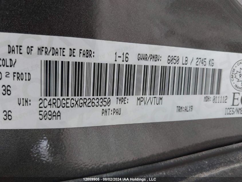 2016 Dodge Grand Caravan R/T VIN: 2C4RDGEGXGR263350 Lot: 12059905