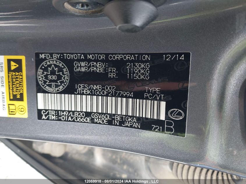 2015 Lexus Es 350 350 VIN: JTHBK1GG0F2177994 Lot: 12059910