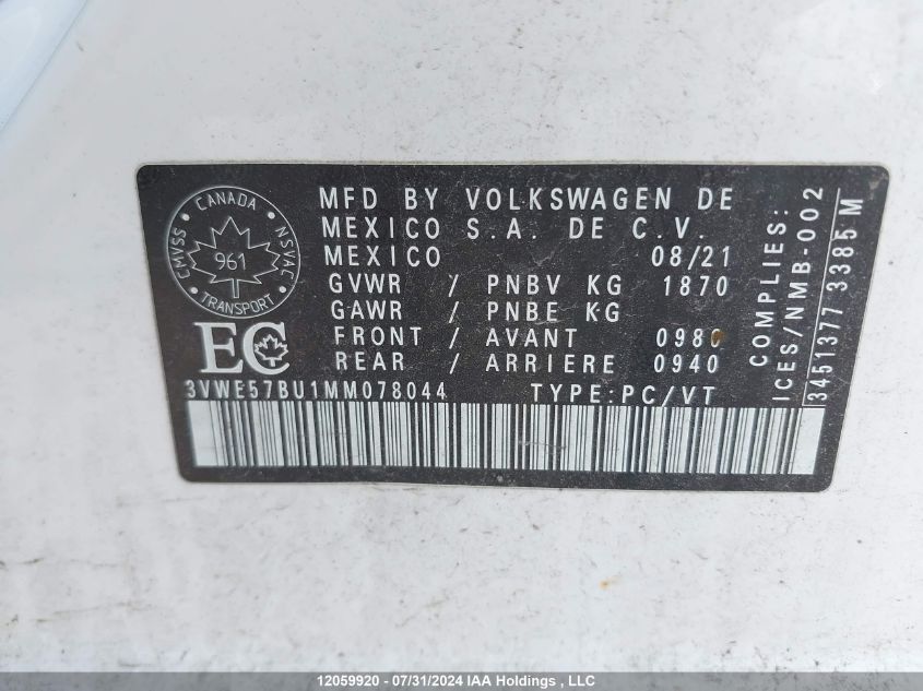 2021 Volkswagen Jetta VIN: 3VWE57BU1MM078044 Lot: 12059920