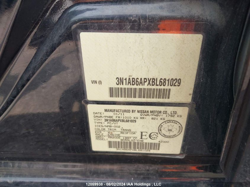 2011 Nissan Sentra VIN: 3N1AB6APXBL681029 Lot: 12059938