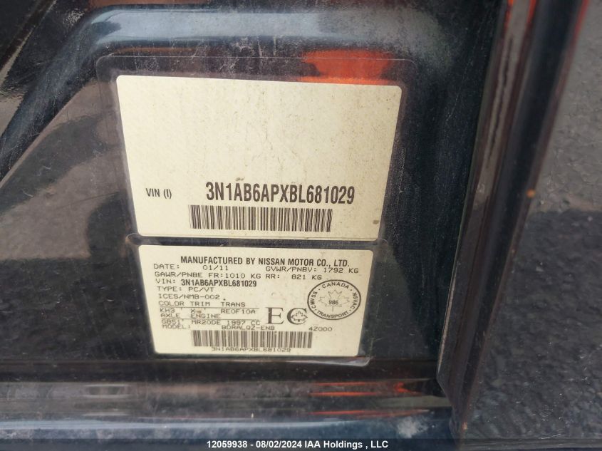 2011 Nissan Sentra VIN: 3N1AB6APXBL681029 Lot: 12059938