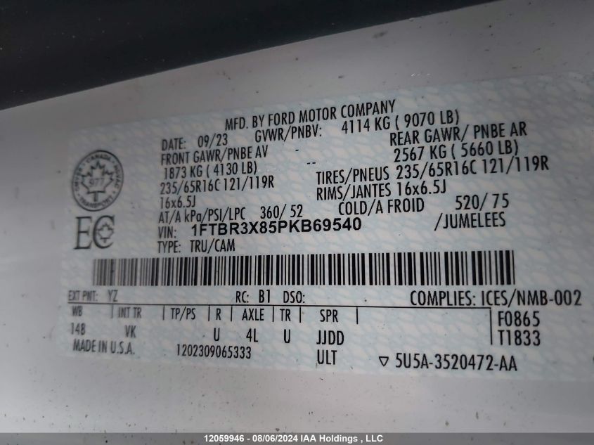 2023 Ford Transit T-250 VIN: 1FTBR3X85PKB69540 Lot: 12059946