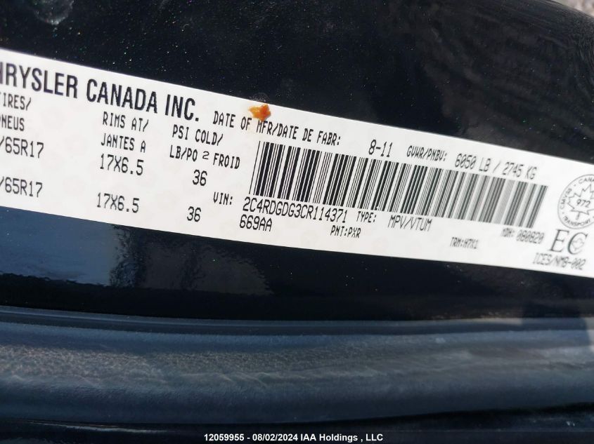 2012 Dodge Grand Caravan Crew VIN: 2C4RDGDG3CR114371 Lot: 12059955