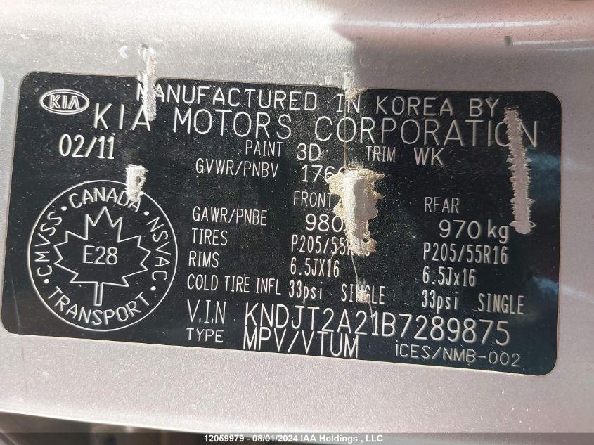 2011 Kia Soul VIN: KNDJT2A21B7289875 Lot: 12059979