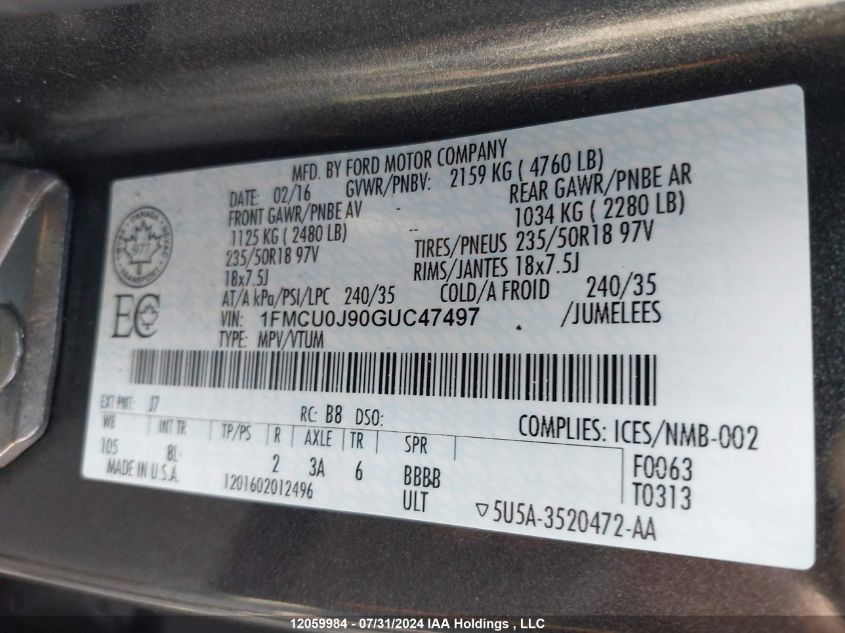 2016 Ford Escape Titanium VIN: 1FMCU0J90GUC47497 Lot: 12059984