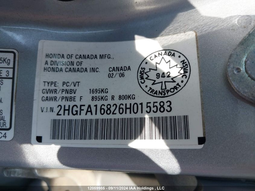 2HGFA16826H015583 2006 Honda Civic Sdn