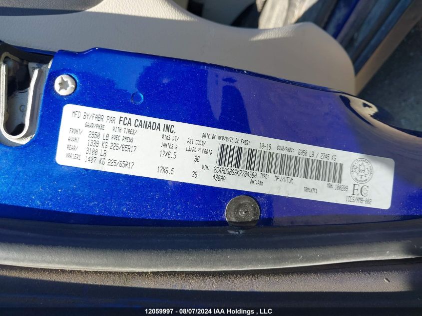 2019 Dodge Grand Caravan Se VIN: 2C4RDGBG6KR784580 Lot: 12059997