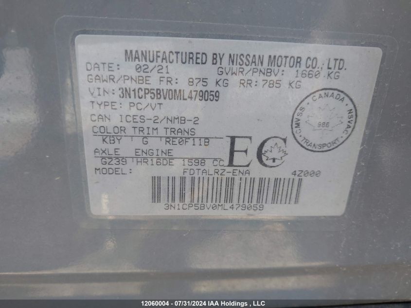 2021 Nissan Kicks VIN: 3N1CP5BV0ML479059 Lot: 12060004