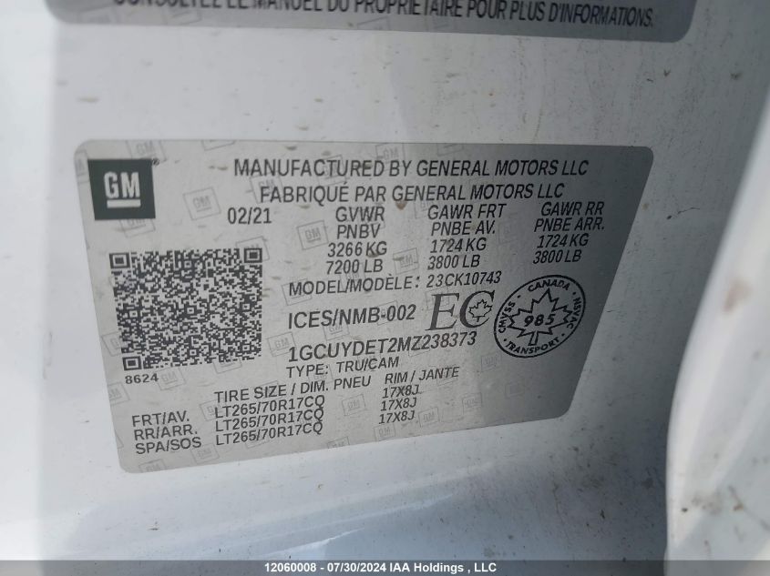 2021 Chevrolet Silverado 1500 VIN: 1GCUYDET2MZ238373 Lot: 12060008