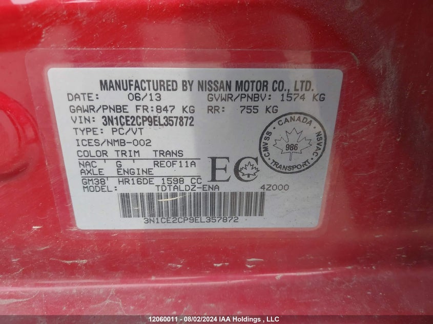 2014 Nissan Versa VIN: 3N1CE2CP9EL357872 Lot: 12060011