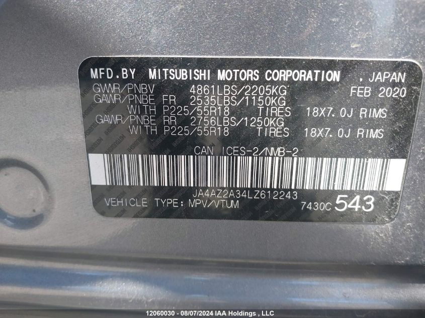 2020 Mitsubishi Outlander VIN: JA4AZ2A34LZ612243 Lot: 12060030