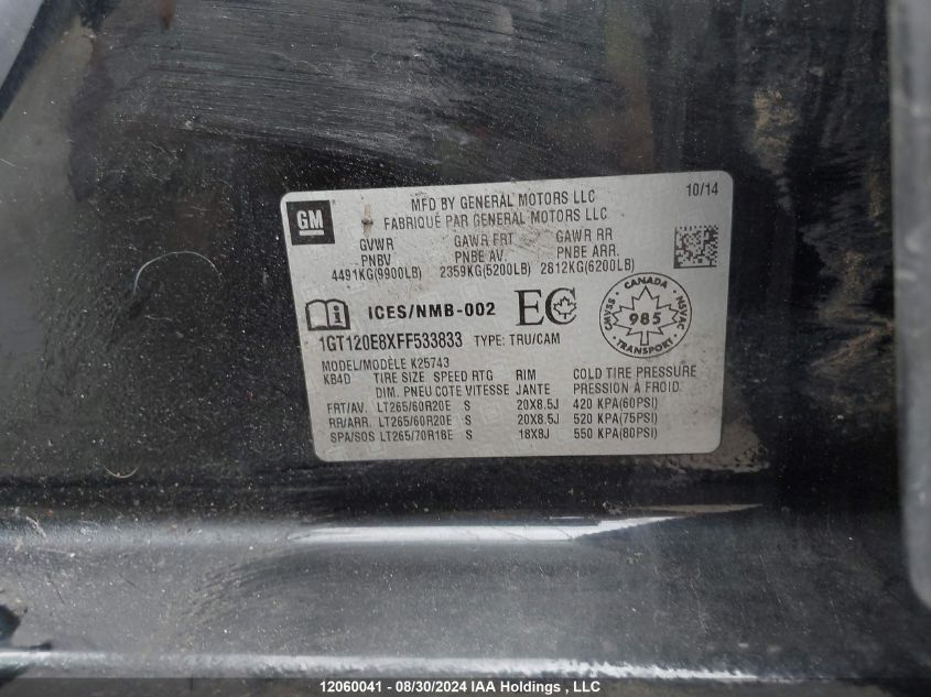 2015 GMC Sierra 2500Hd VIN: 1GT120E8XFF533833 Lot: 12060041