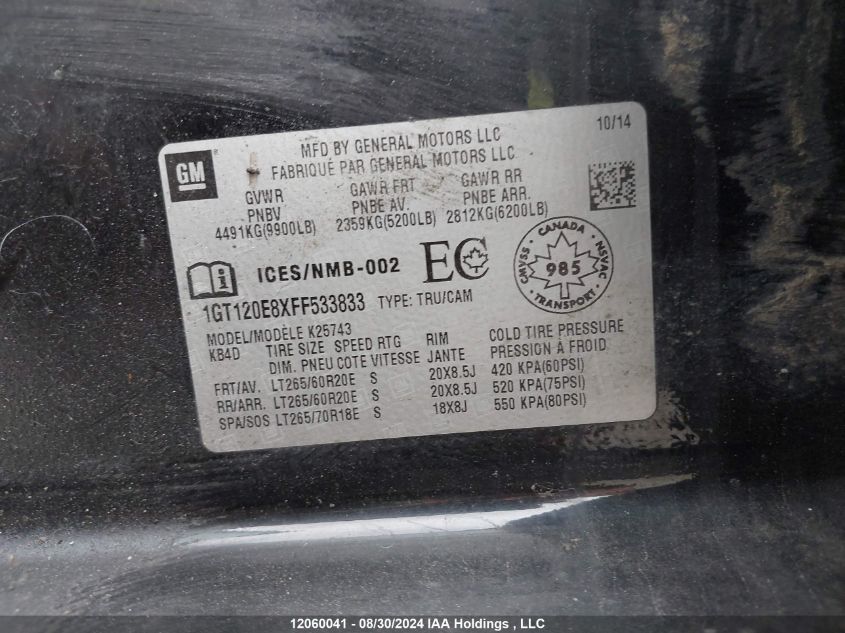 2015 GMC Sierra 2500Hd VIN: 1GT120E8XFF533833 Lot: 12060041