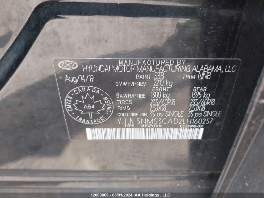 2020 Hyundai Santa Fe Preferred Awd With Sun And Leather Package VIN: 5NMS3CAD2LH160257 Lot: 12060069