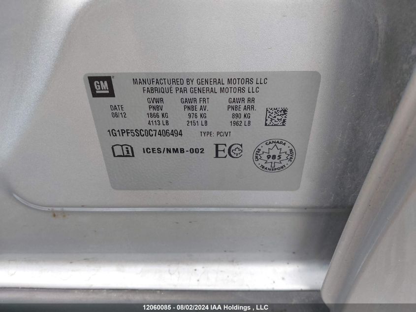 2012 Chevrolet Cruze VIN: 1G1PF5SC0C7406494 Lot: 12060085