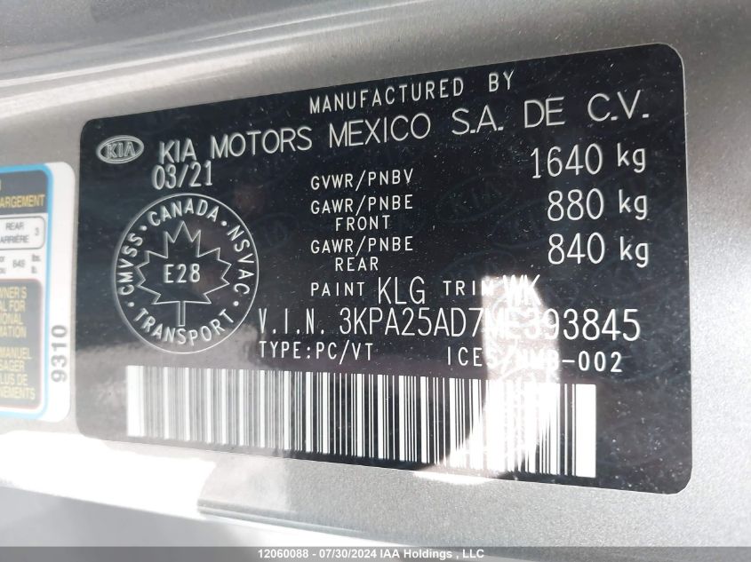 2021 Kia Rio S VIN: 3KPA25AD7ME393845 Lot: 12060088