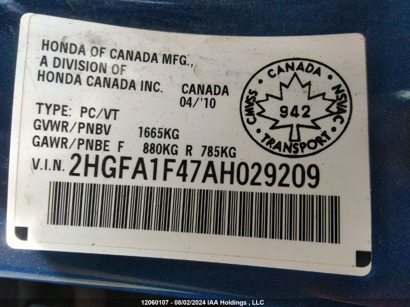 2010 Honda Civic Dx-G VIN: 2HGFA1F47AH029209 Lot: 12060107