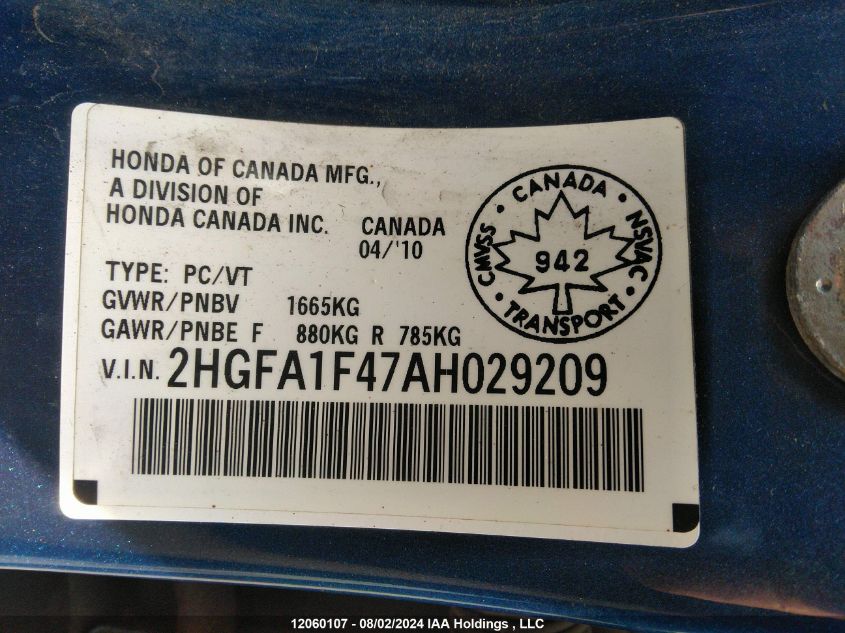 2010 Honda Civic Dx-G VIN: 2HGFA1F47AH029209 Lot: 12060107