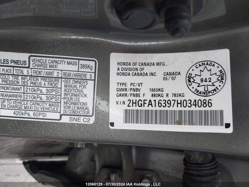 2007 Honda Civic Sdn VIN: 2HGFA16397H034086 Lot: 12060129
