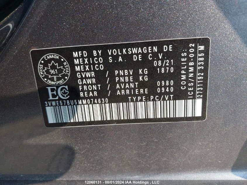 2021 Volkswagen Jetta VIN: 3VWE57BU5MM074630 Lot: 12060131