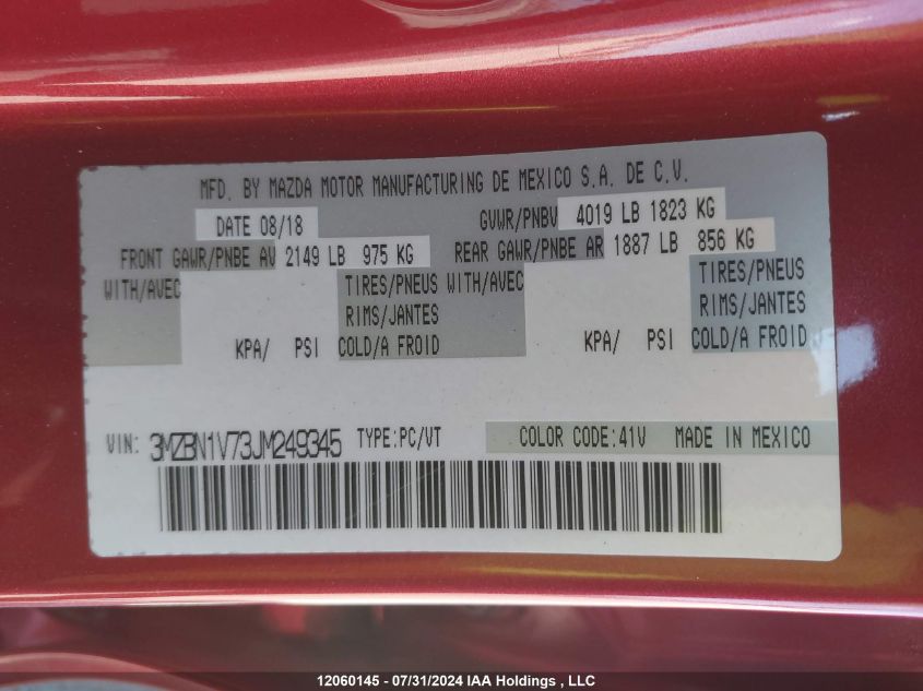 2018 Mazda Mazda3 VIN: 3MZBN1V73JM249345 Lot: 12060145