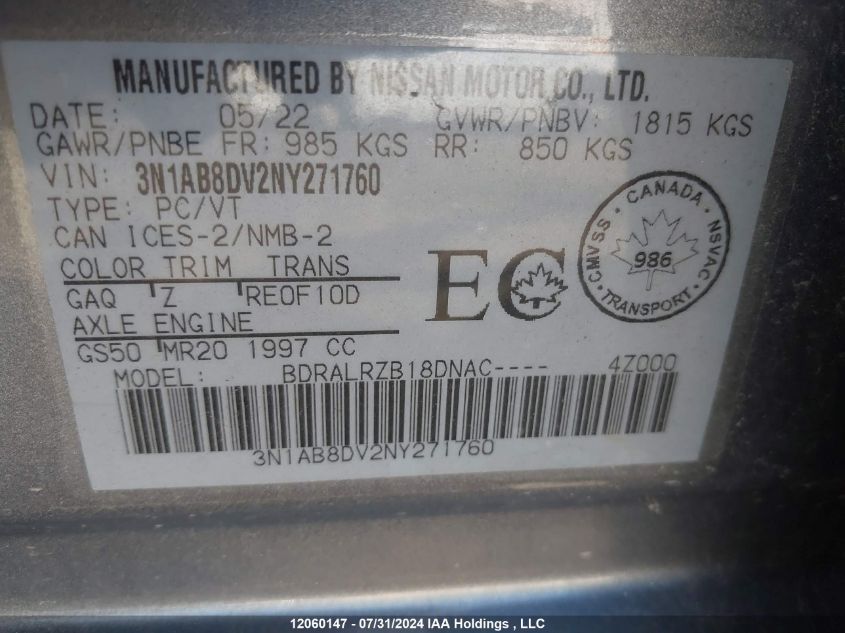 2022 Nissan Sentra VIN: 3N1AB8DV2NY271760 Lot: 12060147