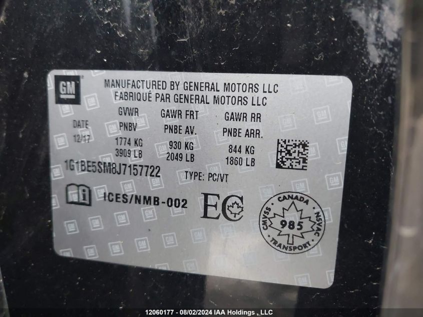 2018 Chevrolet Cruze VIN: 1G1BE5SM8J7157722 Lot: 12060177