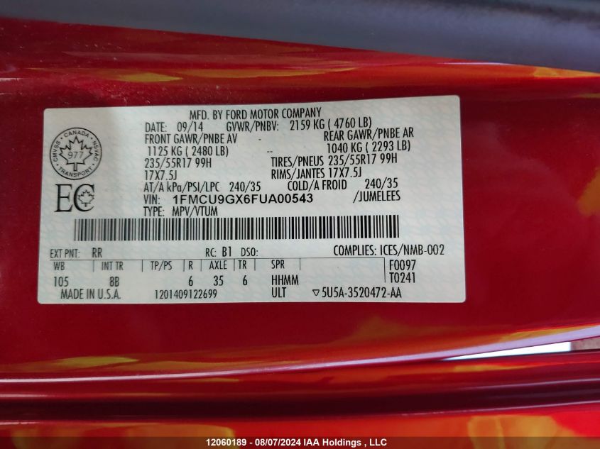 2015 Ford Escape VIN: 1FMCU9GX6FUA00543 Lot: 12060189