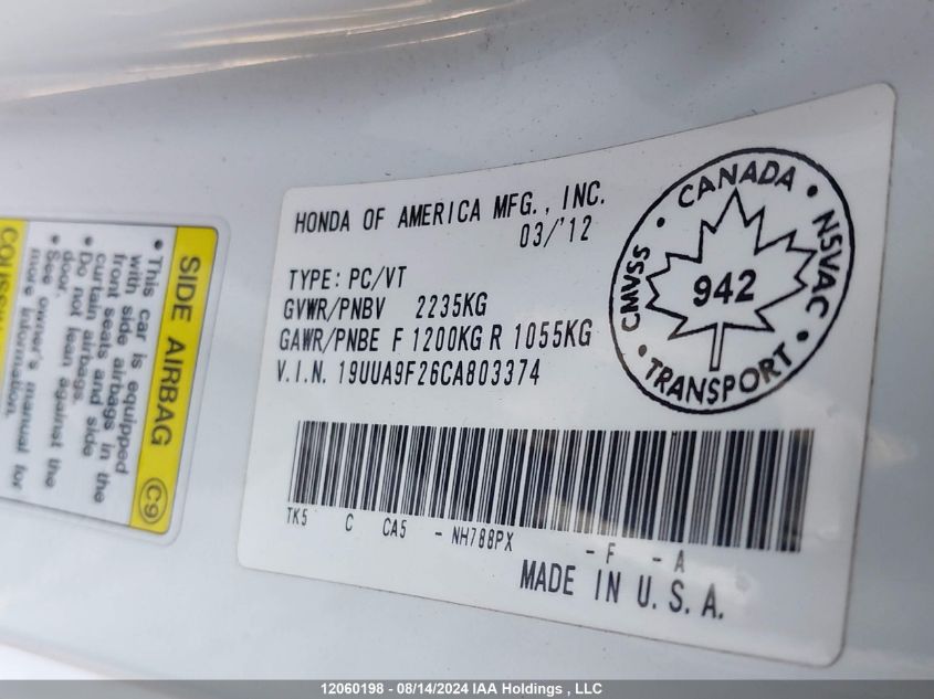 2012 Acura Tl VIN: 19UUA9F26CA803374 Lot: 12060198