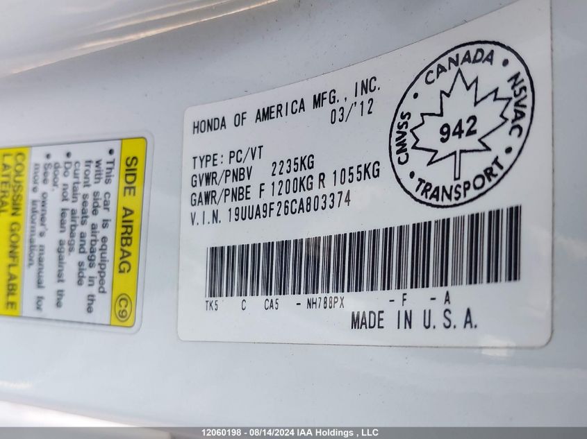 2012 Acura Tl VIN: 19UUA9F26CA803374 Lot: 12060198