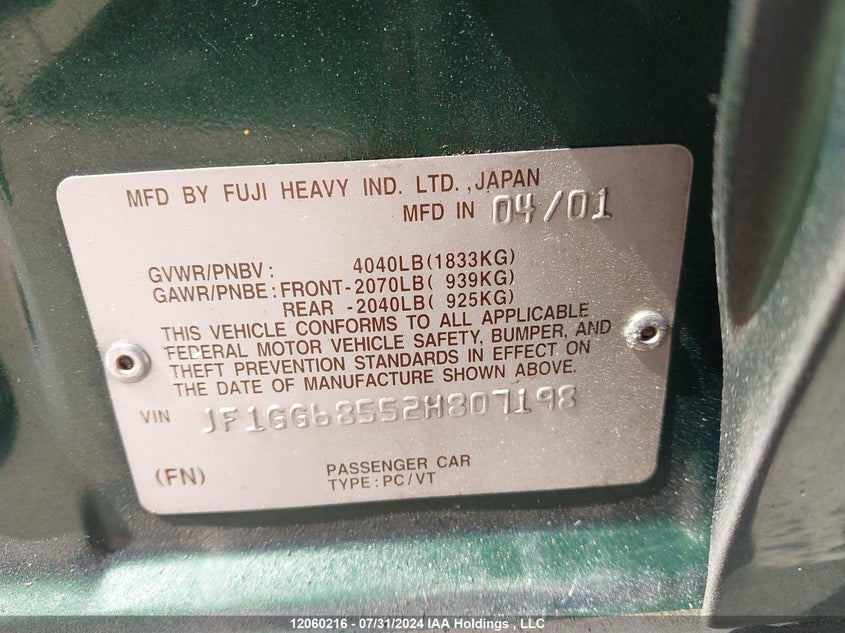 2002 Subaru Impreza Wagon VIN: JF1GG68552H807198 Lot: 12060216