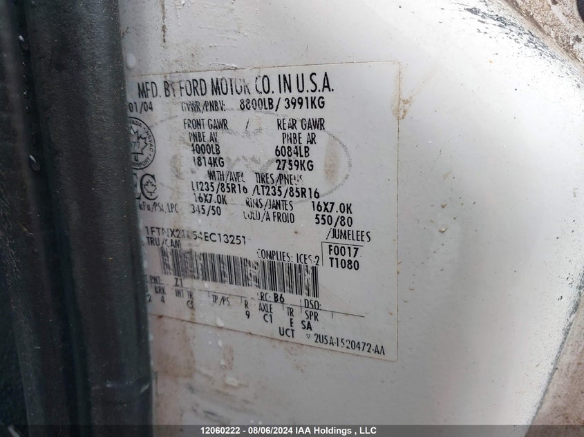 2004 Ford Super Duty F-250 VIN: 1FTNX21L54EC13251 Lot: 12060222