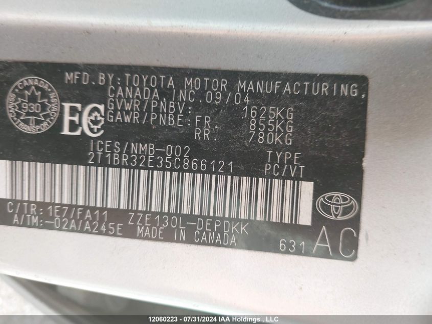 2005 Toyota Corolla VIN: 2T1BR32E35C866121 Lot: 12060223