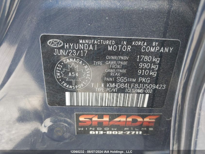 2018 Hyundai Elantra Sel/Value/Limited VIN: KMHD84LF8JU509423 Lot: 12060232