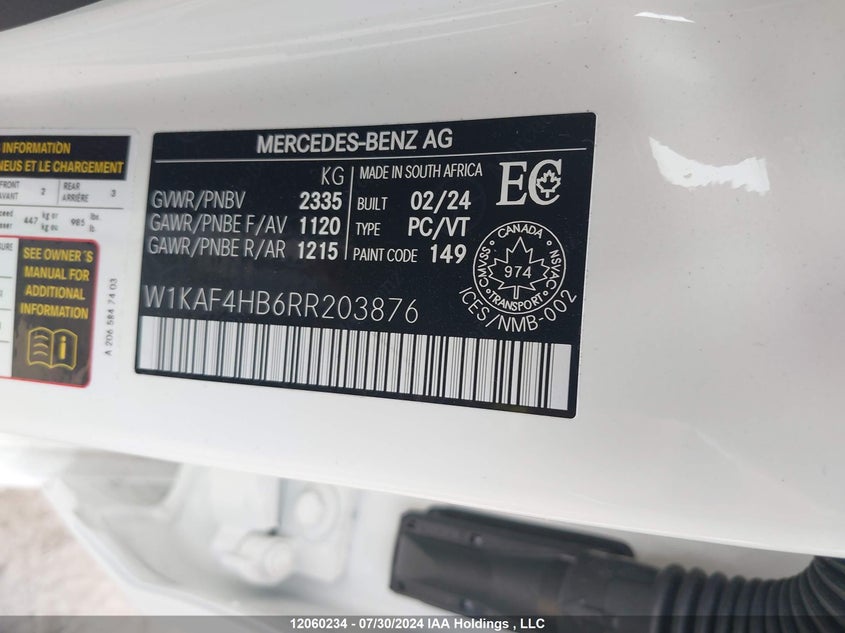 2024 Mercedes-Benz C 300 4Matic VIN: W1KAF4HB6RR203876 Lot: 12060234