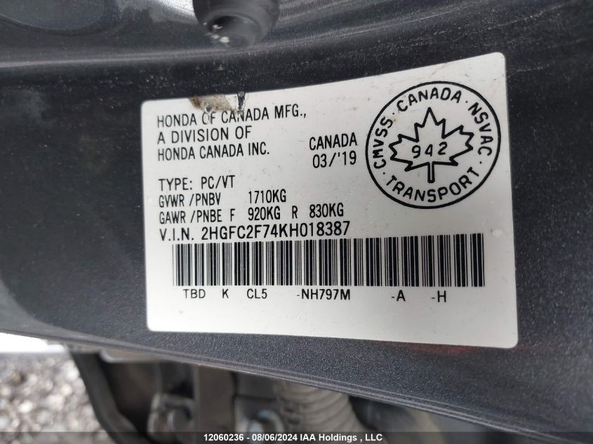 2019 Honda Civic VIN: 2HGFC2F74KH018387 Lot: 12060236